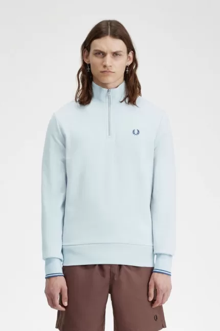 Fred Perry Half Zip Men’s Sweatshirts Light Aqua Midnight Blue | QMWVD5136