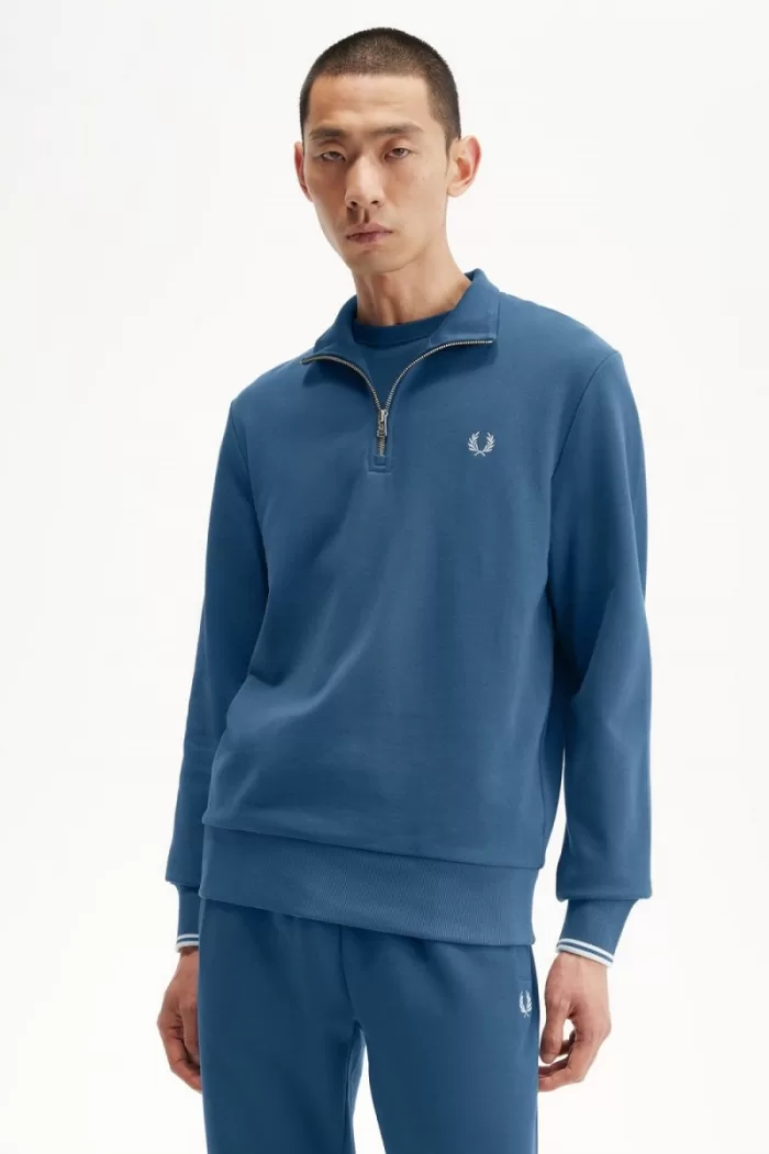 Fred Perry Half Zip Men’s Sweatshirts Midnight Blue Light Aqua | KLDNJ3901