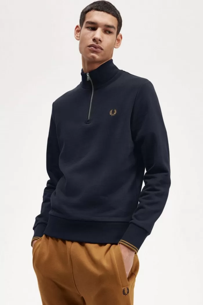 Fred Perry Half Zip Men’s Sweatshirts Navy Dark Coffee | KADUN1058