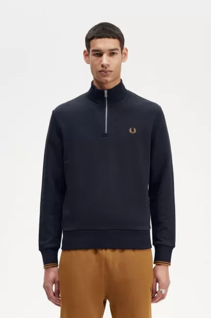 Fred Perry Half Zip Men’s Sweatshirts Navy Dark Coffee | KADUN1058