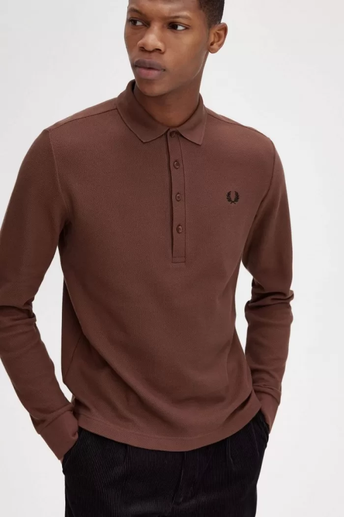 Fred Perry Honeycomb Cotton Long Sleeve Men’s Polo Shirt Whisky Brown | CRSBD5321