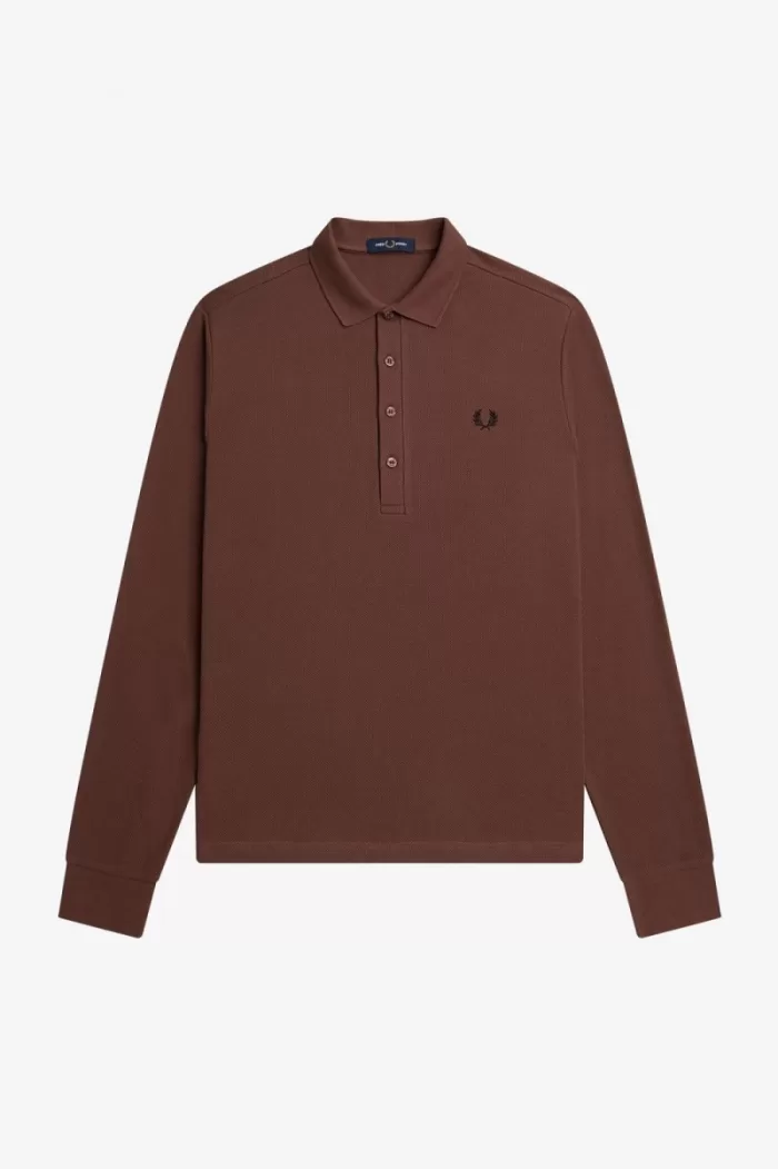 Fred Perry Honeycomb Cotton Long Sleeve Men’s Polo Shirt Whisky Brown | CRSBD5321