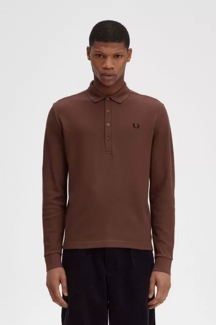 Fred Perry Honeycomb Cotton Long Sleeve Men’s Polo Shirt Whisky Brown | CRSBD5321