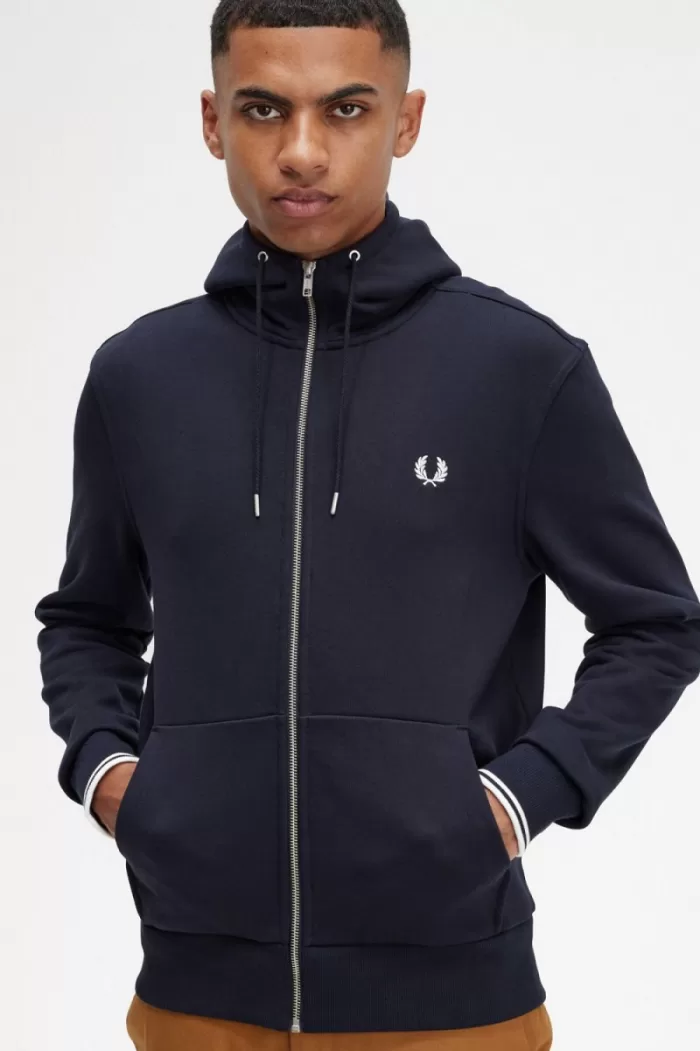 Fred Perry Hooded Zip Through Men’s Sweatshirts Navy | PENVI1976