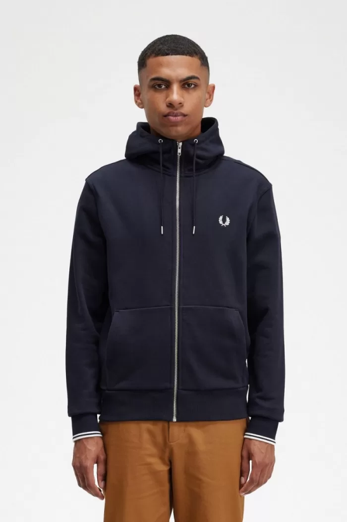 Fred Perry Hooded Zip Through Men’s Sweatshirts Navy | PENVI1976