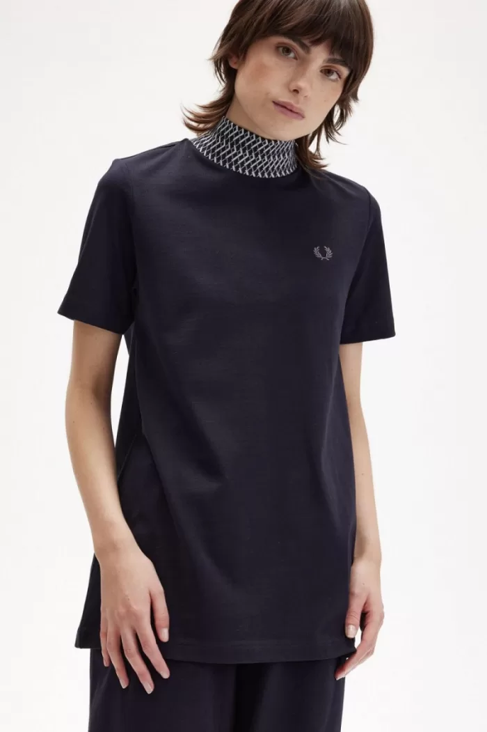 Fred Perry Jacquard Trim High Neck Women’s T-Shirt Navy | KVHMD6523