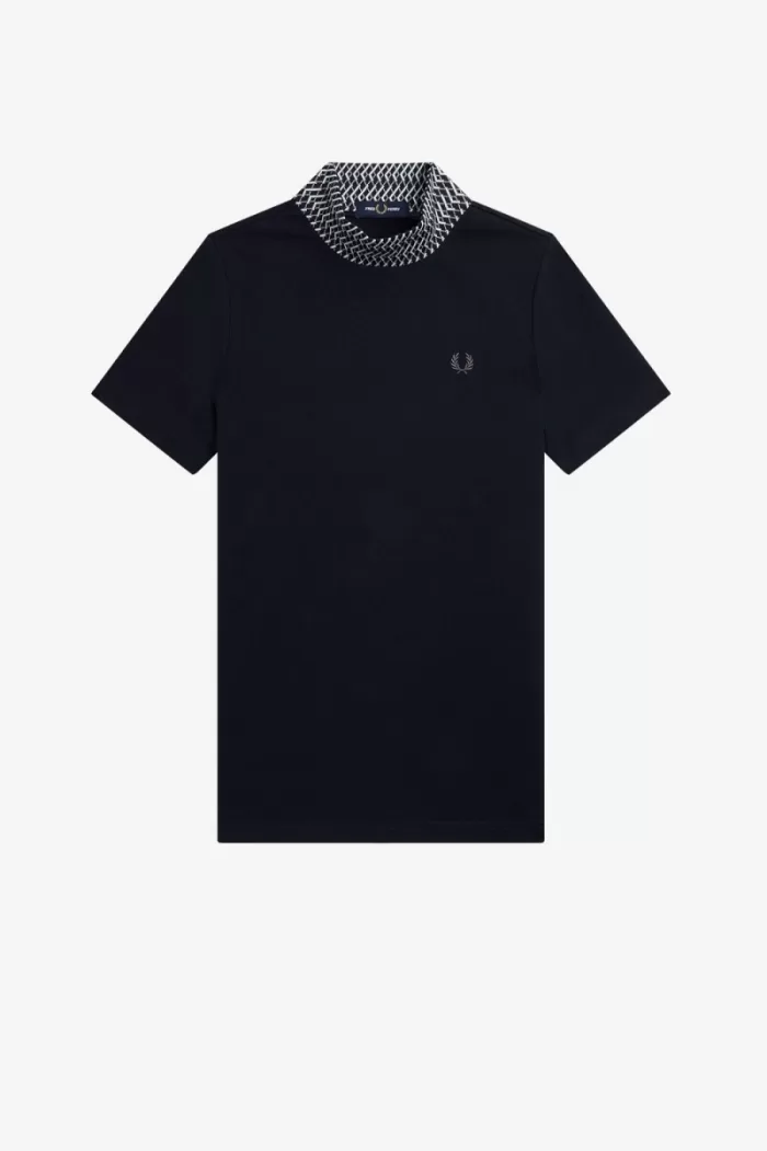 Fred Perry Jacquard Trim High Neck Women’s T-Shirt Navy | KVHMD6523