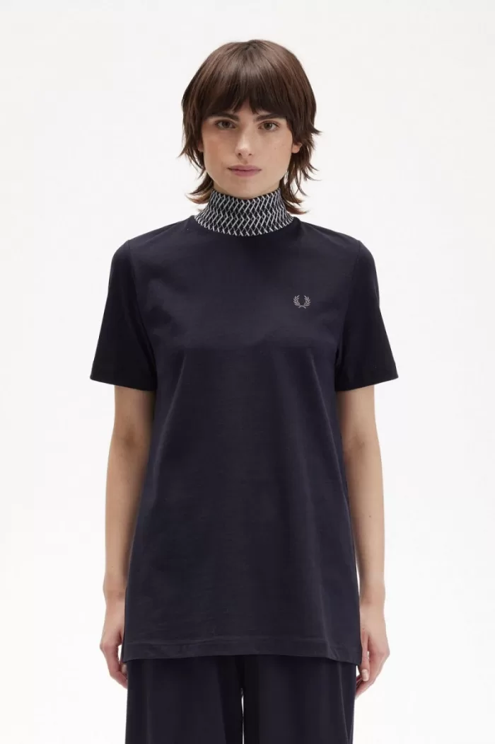 Fred Perry Jacquard Trim High Neck Women’s T-Shirt Navy | KVHMD6523