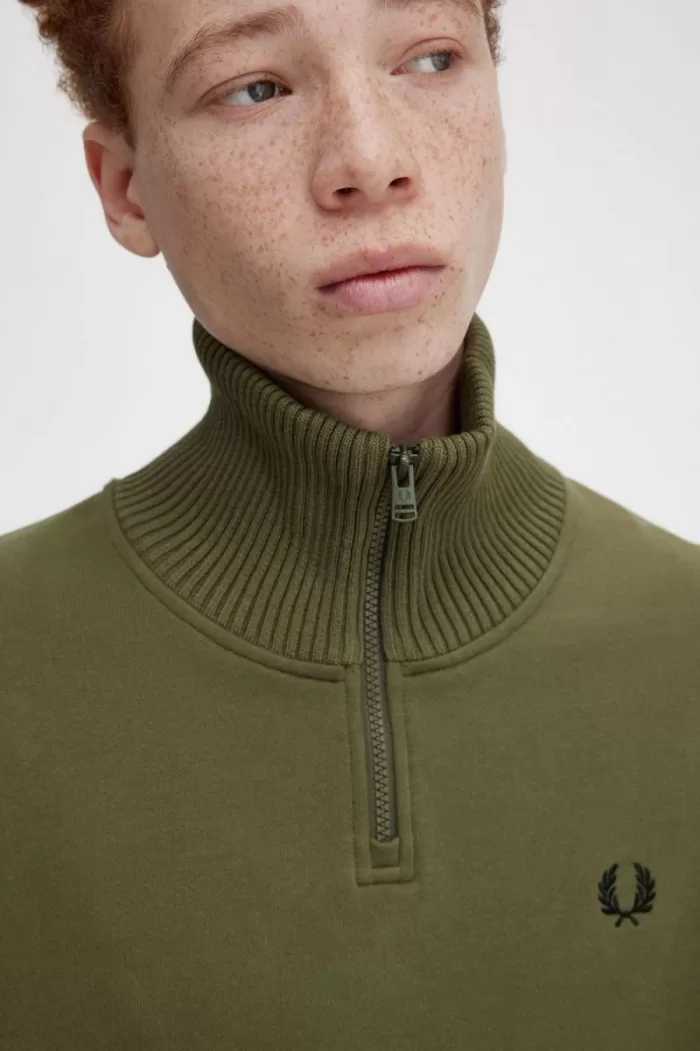 Fred Perry Knitted Trim Zip Neck Men’s Sweatshirts Uniform Green | GUAML4570