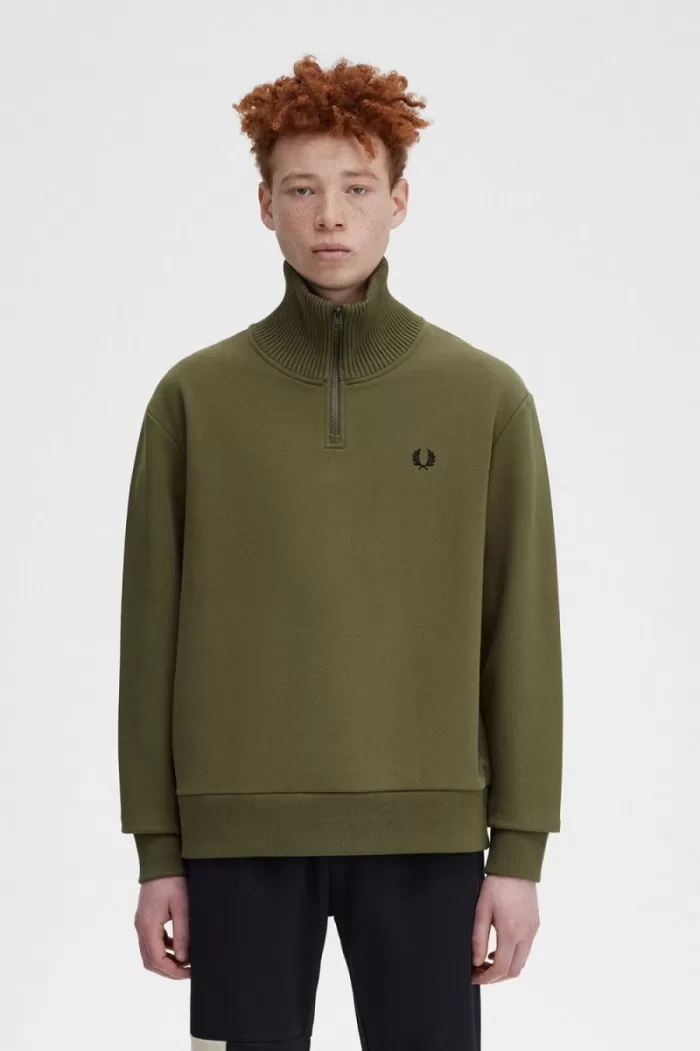 Fred Perry Knitted Trim Zip Neck Men’s Sweatshirts Uniform Green | GUAML4570