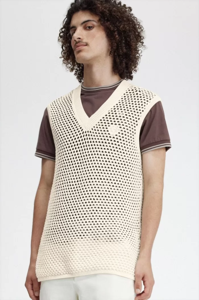 Fred Perry Lace Knit Men’s Tanks Beige | QZSET8315