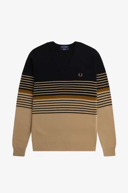 Fred Perry Lambswool Striped Men’s Jumper Khaki | EVLGH9038