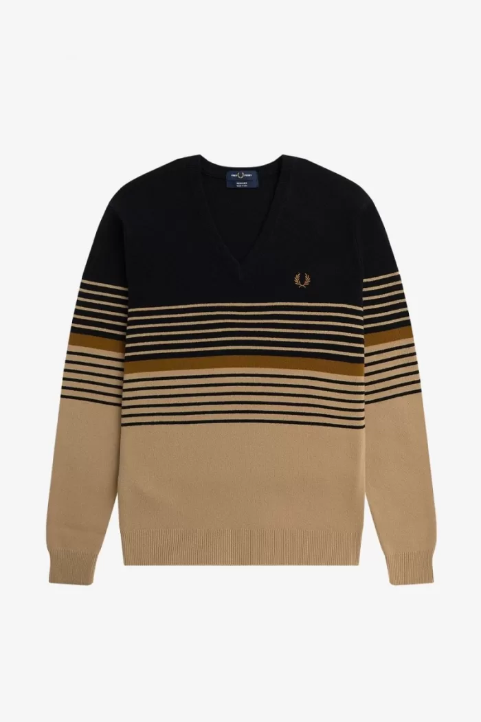 Fred Perry Lambswool Striped Men’s Jumper Khaki | EVLGH9038