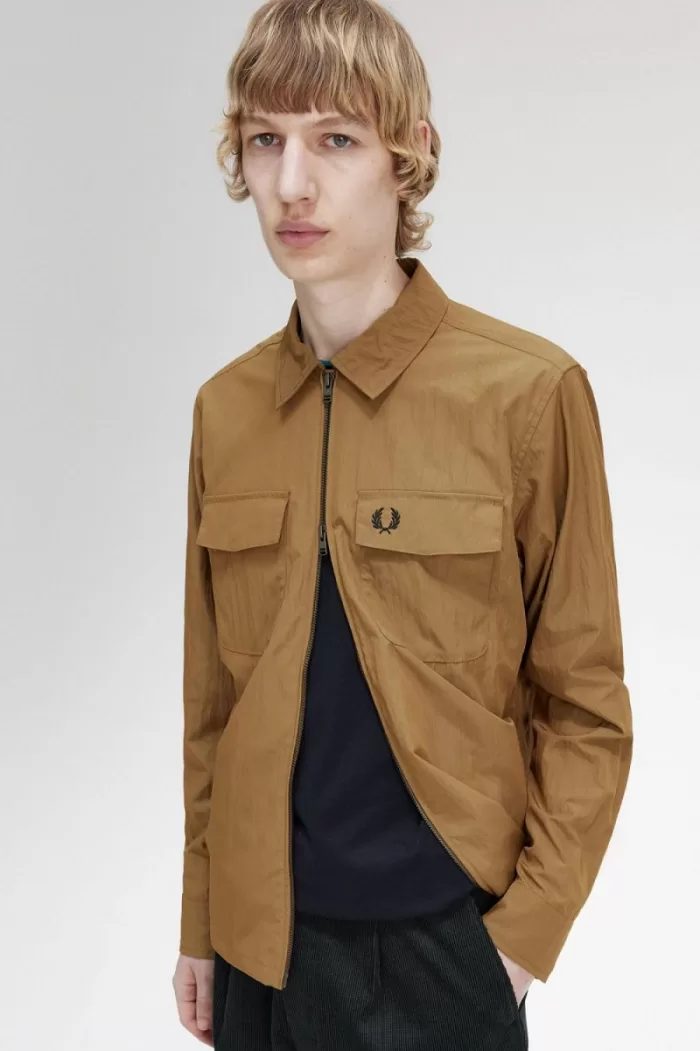 Fred Perry Lightweight Zip-Through Men’s Shirt Brown | JITOK5184