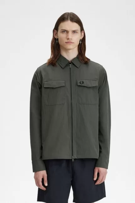 Fred Perry Lightweight Zip-Through Men’s Shirt Field Green | MDKZE5830