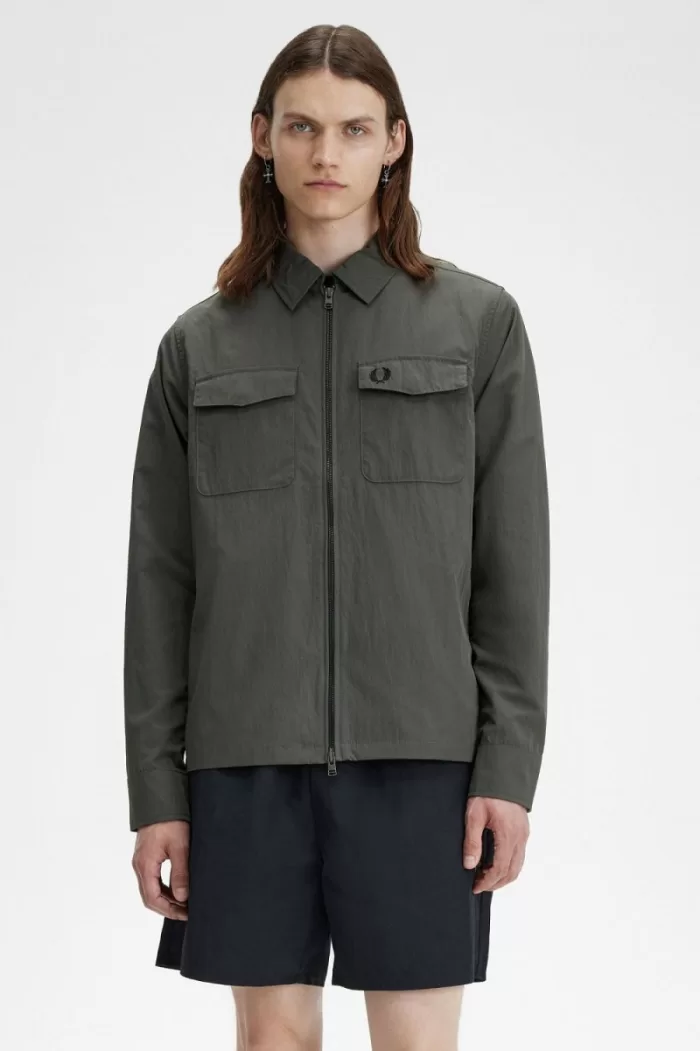 Fred Perry Lightweight Zip-Through Men’s Shirt Field Green | MDKZE5830