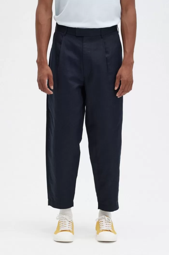 Fred Perry Linen Blend Cropped Men’s Pants Navy | BWUTG5628