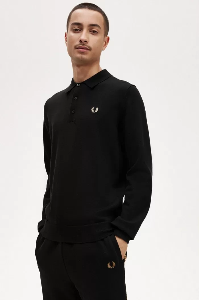 Fred Perry Long Sleeve Knitted Men’s Shirt Black | BYQNH9106