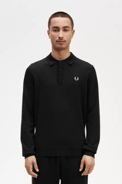 Fred Perry Long Sleeve Knitted Men’s Shirt Black | BYQNH9106