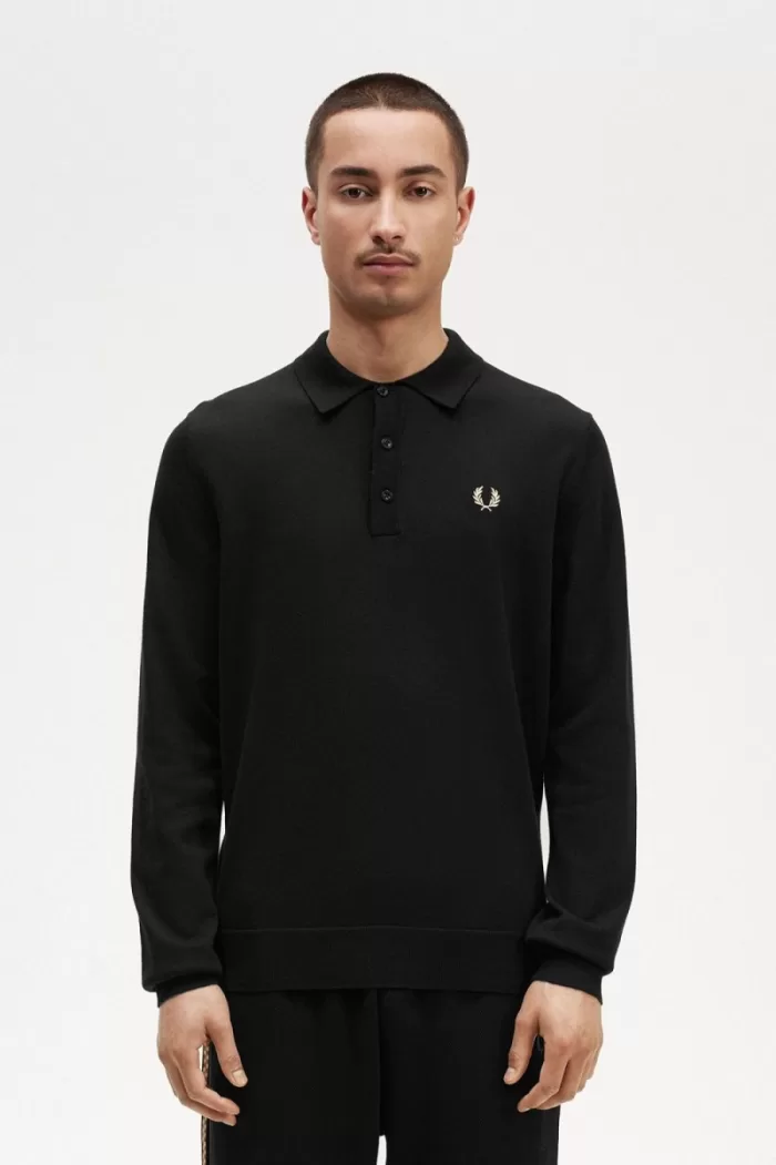 Fred Perry Long Sleeve Knitted Men’s Shirt Black | BYQNH9106