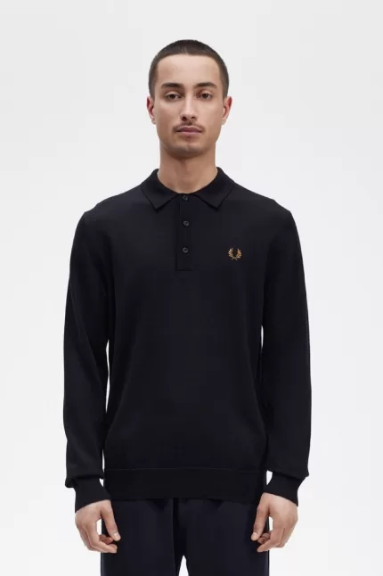 Fred Perry Long Sleeve Knitted Men’s Shirt Navy | VCFQY3284