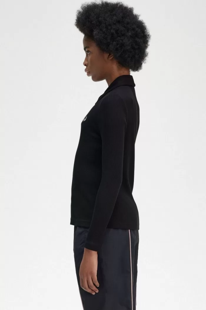 Fred Perry Long Sleeve Ribbed Women’s Polo Shirt Black | IXAGH0539