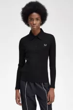 Fred Perry Long Sleeve Ribbed Women’s Polo Shirt Black | IXAGH0539