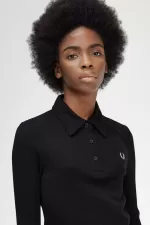 Fred Perry Long Sleeve Ribbed Women’s Polo Shirt Black | IXAGH0539