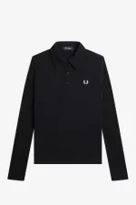 Fred Perry Long Sleeve Ribbed Women’s Polo Shirt Black | IXAGH0539