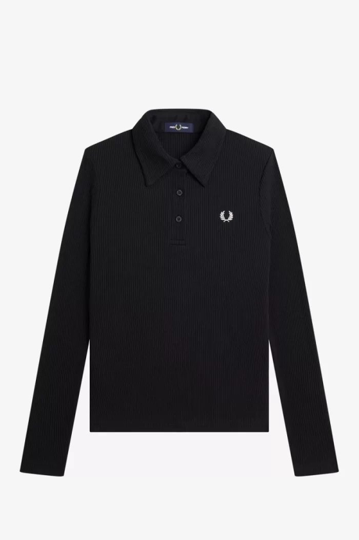 Fred Perry Long Sleeve Ribbed Women’s Polo Shirt Black | IXAGH0539