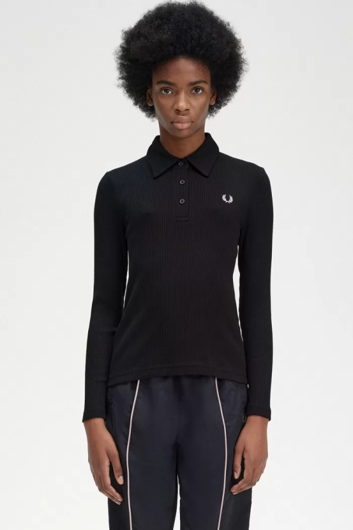 Fred Perry Long Sleeve Ribbed Women’s Polo Shirt Black | IXAGH0539