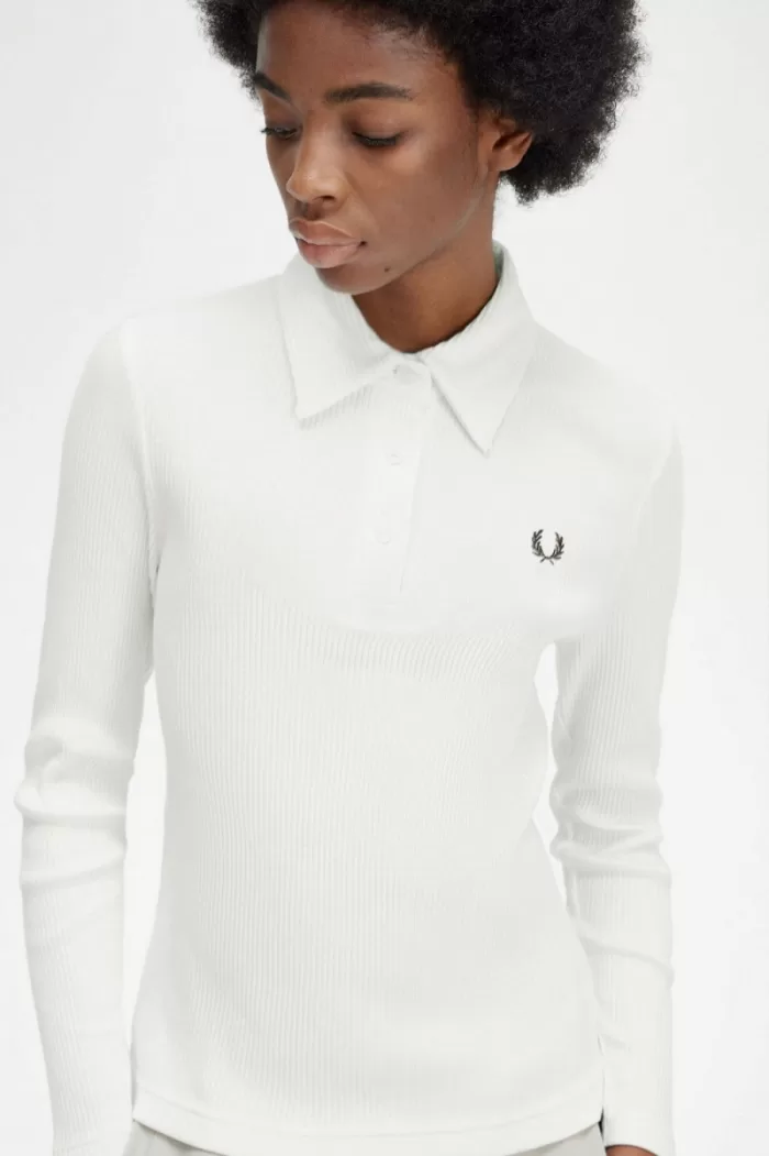 Fred Perry Long Sleeve Ribbed Women’s Polo Shirt Snow White | MPDJW6439