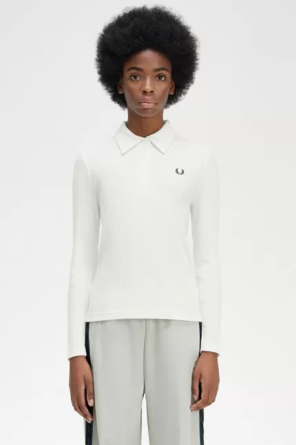 Fred Perry Long Sleeve Ribbed Women’s Polo Shirt Snow White | MPDJW6439