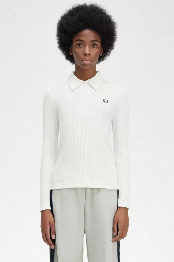 Fred Perry Long Sleeve Ribbed Women’s Polo Shirt Snow White | MPDJW6439