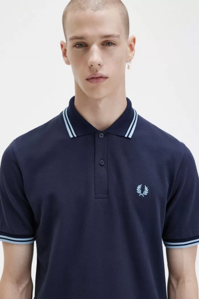 Fred Perry M12 Men’s Shirt Navy Aqua Aqua | FGLQM1673