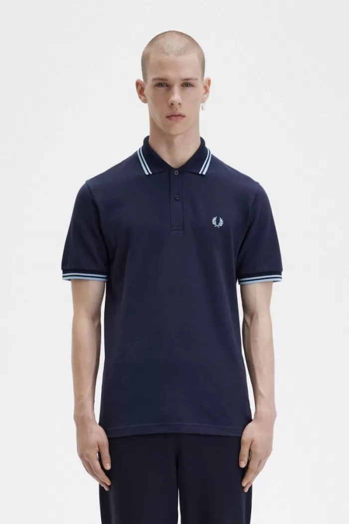 Fred Perry M12 Men’s Shirt Navy Aqua Aqua | FGLQM1673