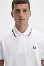 Fred Perry M12 Men’s Shirt White Aqua Maroon | TOFPB0971