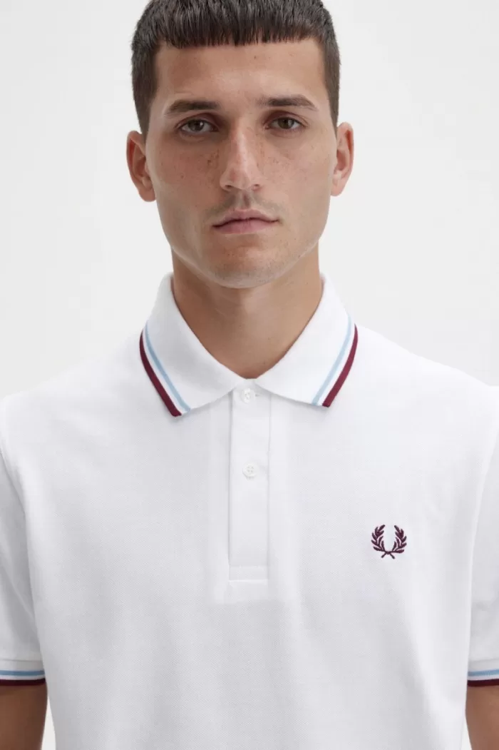 Fred Perry M12 Men’s Shirt White Aqua Maroon | TOFPB0971