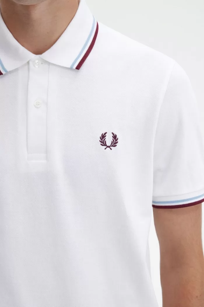 Fred Perry M12 Men’s Shirt White Aqua Maroon | TOFPB0971