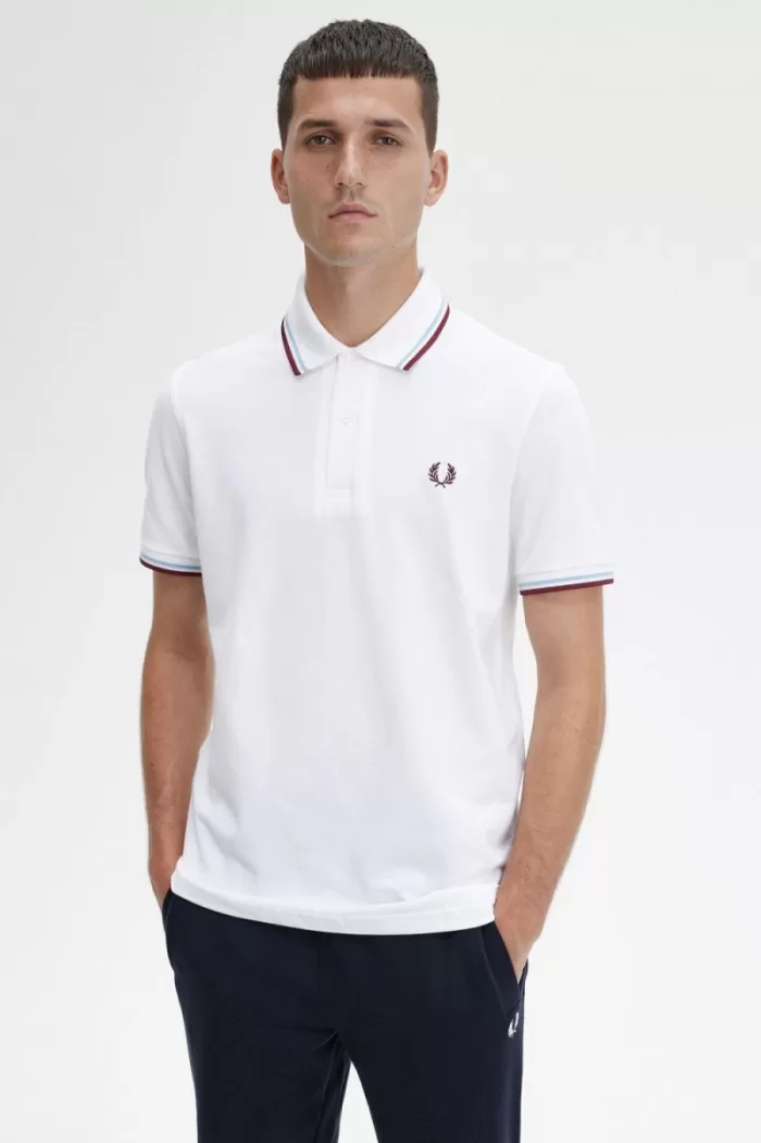 Fred Perry M12 Men’s Shirt White Aqua Maroon | TOFPB0971