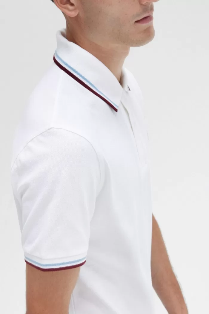 Fred Perry M12 Men’s Shirt White Aqua Maroon | TOFPB0971