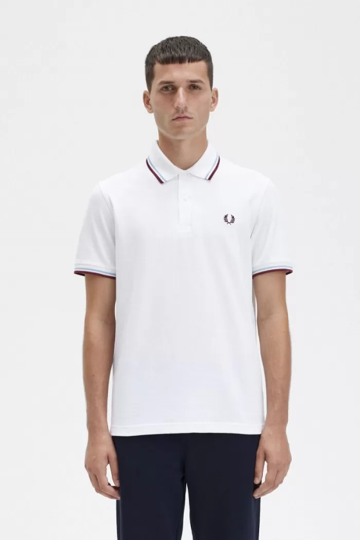 Fred Perry M12 Men’s Shirt White Aqua Maroon | TOFPB0971