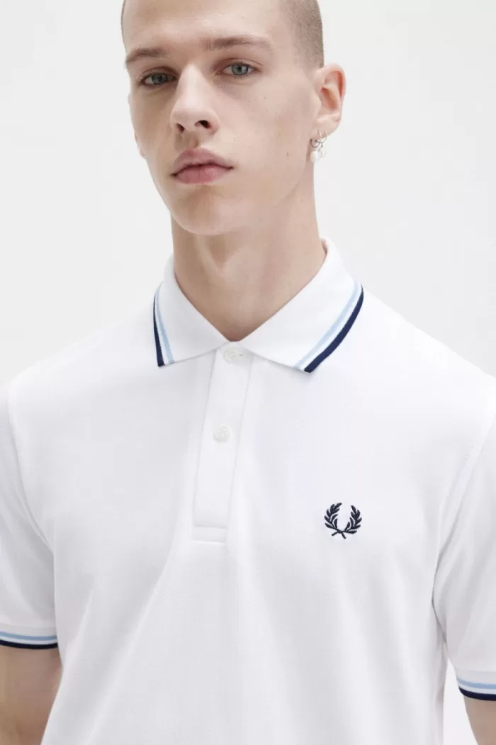 Fred Perry M12 Men’s Shirt White Aqua Navy | VWEST8156