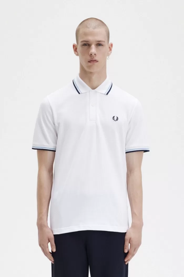 Fred Perry M12 Men’s Shirt White Aqua Navy | VWEST8156