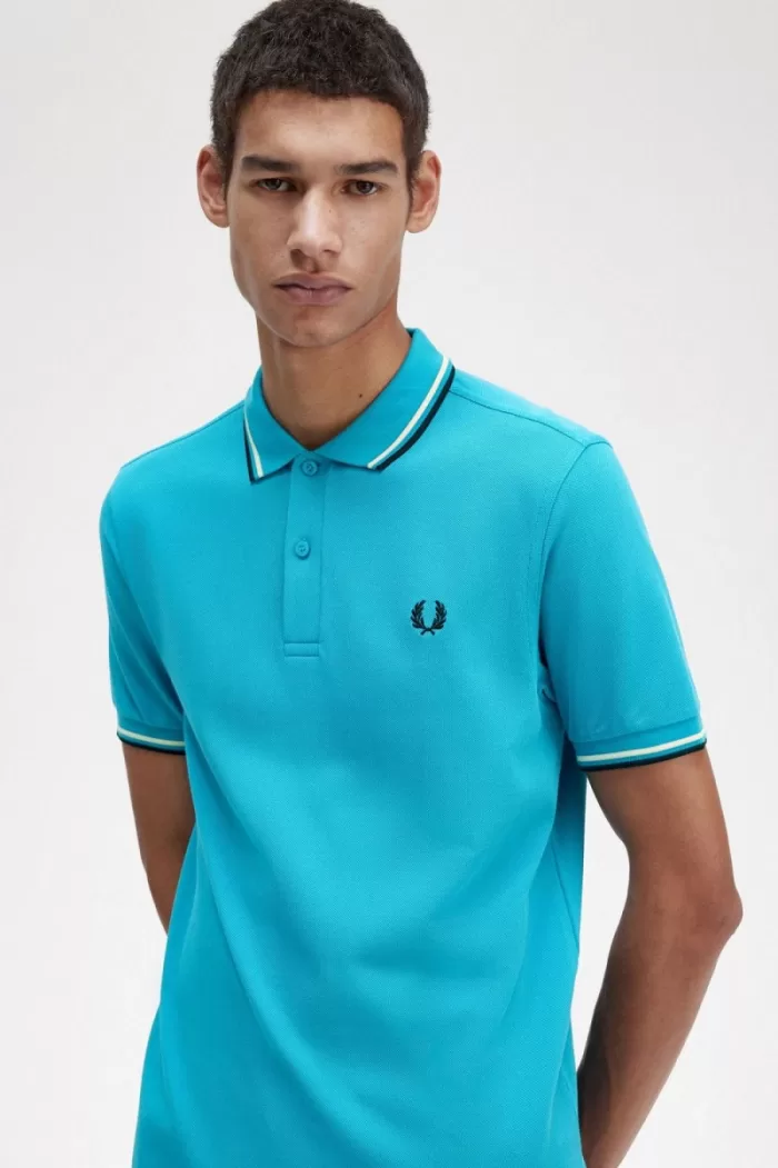 Fred Perry M3600 Men’s Shirt Cyber Blue Aqua Cream Black | RIBAJ2439