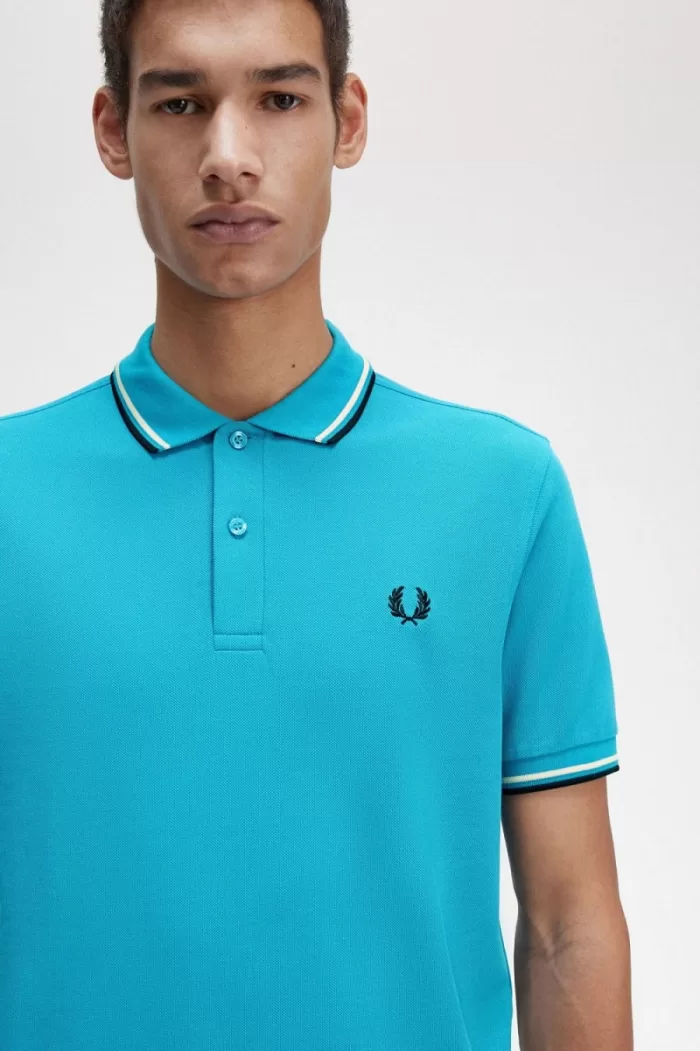 Fred Perry M3600 Men’s Shirt Cyber Blue Aqua Cream Black | RIBAJ2439