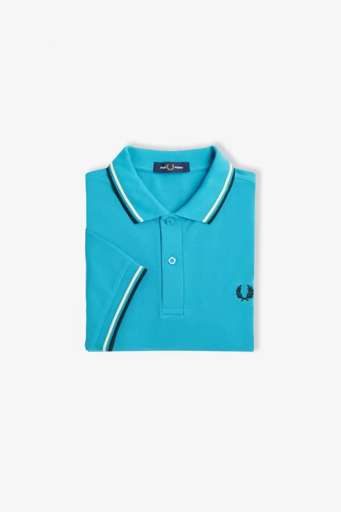 Fred Perry M3600 Men’s Shirt Cyber Blue Aqua Cream Black | RIBAJ2439