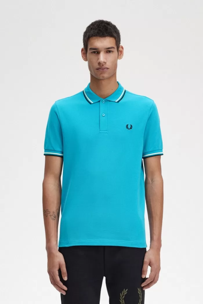 Fred Perry M3600 Men’s Shirt Cyber Blue Aqua Cream Black | RIBAJ2439