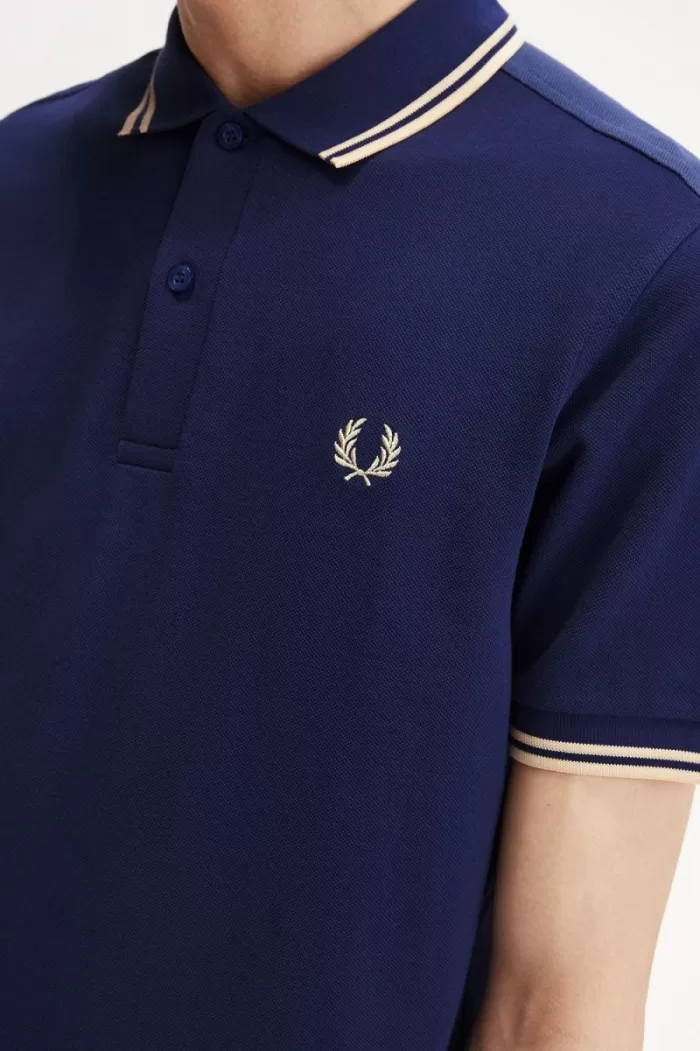 Fred Perry M3600 Men’s Shirt French Navy Aqua Cream Aqua Cream | GIKXF5942