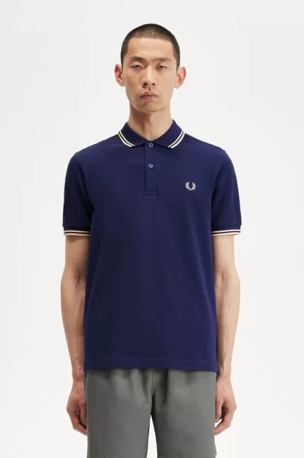 Fred Perry M3600 Men’s Shirt French Navy Aqua Cream Aqua Cream | GIKXF5942